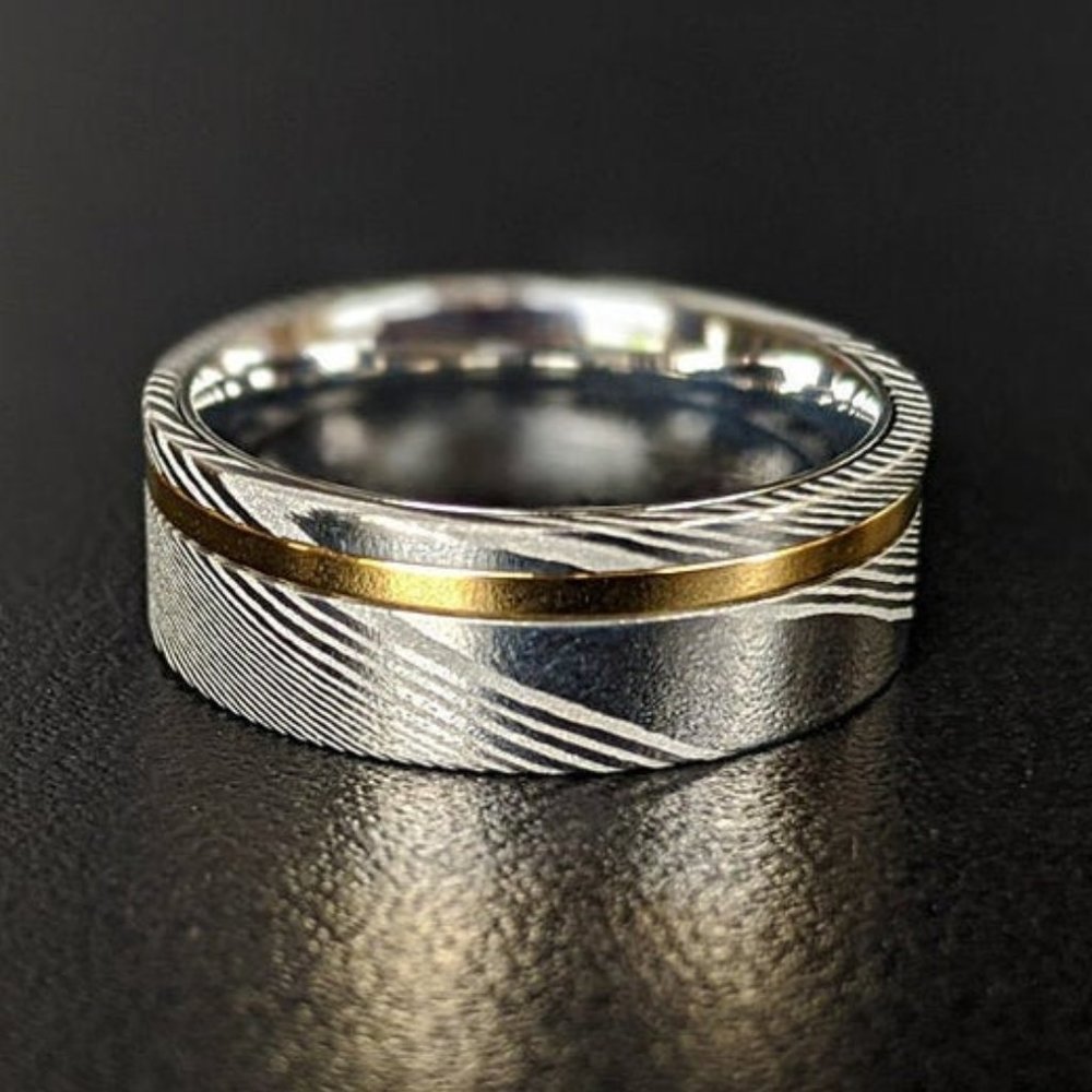 Damascus Steel Wedding Band with Rose Gold Inlay